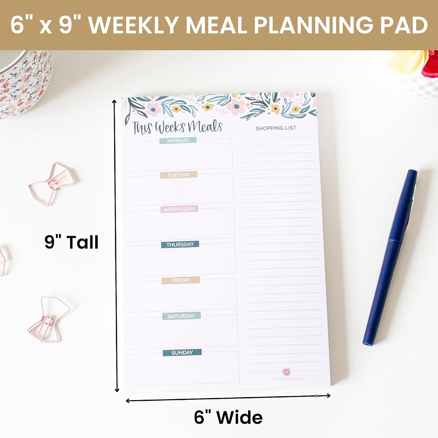 bloom daily planners Weekly Meal Planning Pad - Magnetic Hanging Refrigerator Menu Planner with Tear-Off Sheets & Perforated Grocery Shopping Lists - 6” x 9” (Grey & Pink)