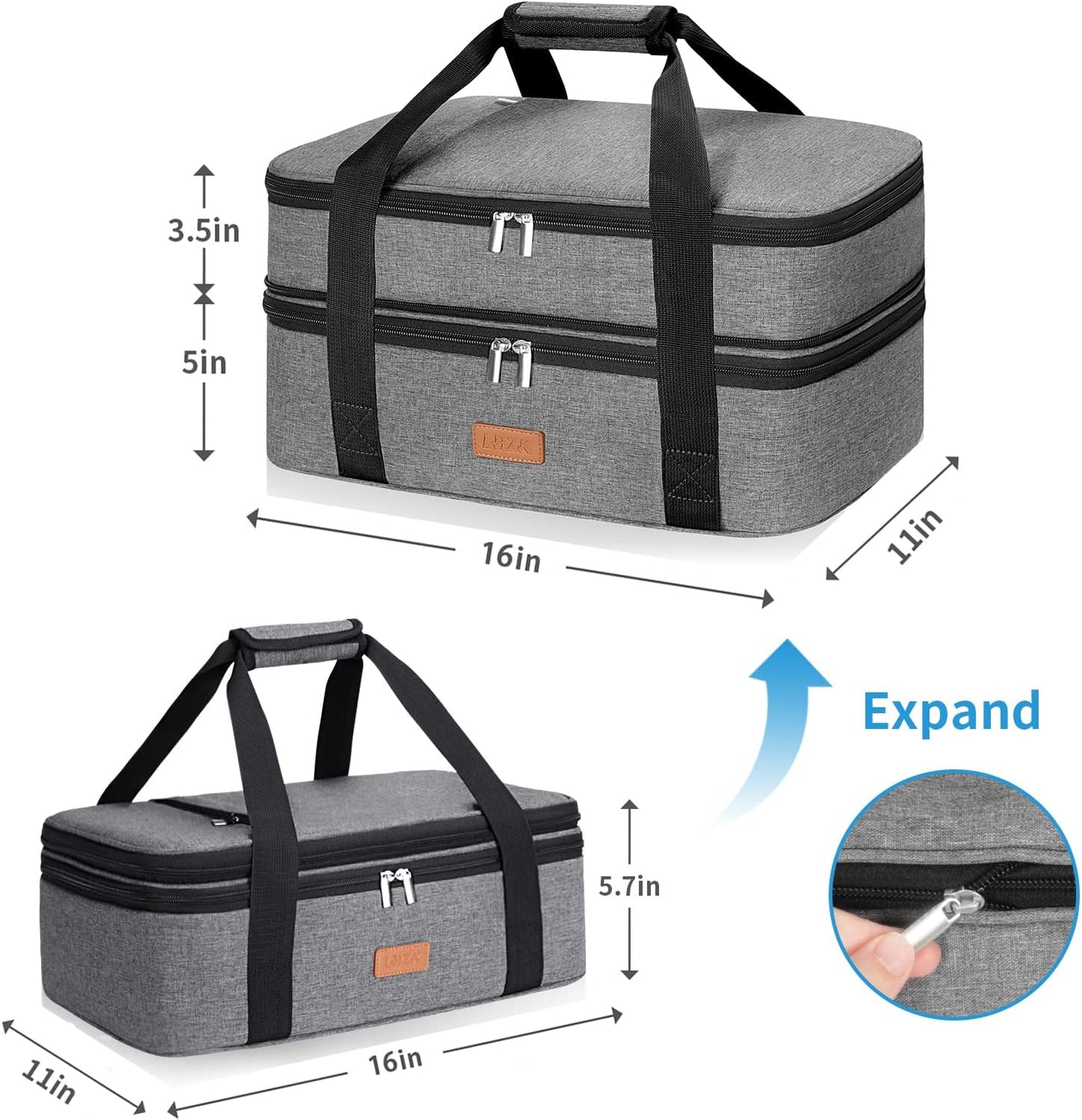 LHZK Double Decker Insulated Casserole Carrier for Hot or Cold Food, Expandable Hot Food Carrier, Lasagna Holder Tote for Potluck Parties, Picnic, Beach, Fits 11 x 15 or 9 x 13 Baking Dish (Black)