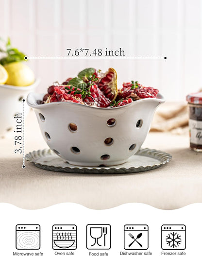 Gomakren Berry Bowls with Holes Ceramic, Berry Washing Bowl Basket Set of 2, 5.8 Inch Round Fruit Bowl Storage Containers, Strawberry Baskets, Farmhouse Kitchen Decor, Yellow + Brown