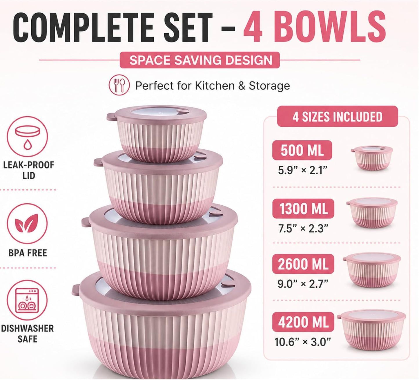 Mixing Bowls with Lids, 8-Piece Airtight Leak-Proof Nesting BPA-Free Bowl Set for Kitchen & Food Storage, Large 4200ml Capacity, Microwave & Dishwasher Safe