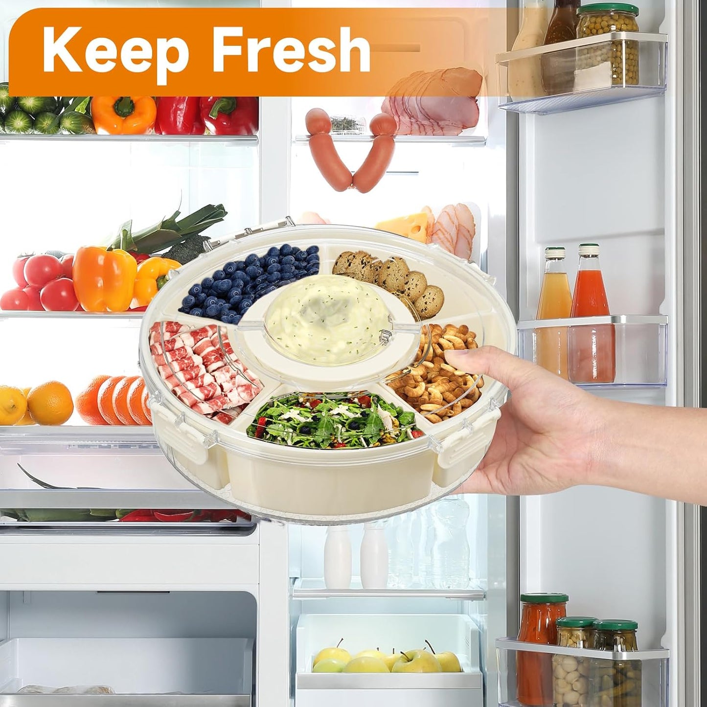Dishwasher Safety -Divided Rotating Serving Tray with Lid and Handle,Portable Snackle Box for Fruits Snacks Charcuterie,Clear Organizer and Fridge Storage Container,Veggie Platters for Adults Child