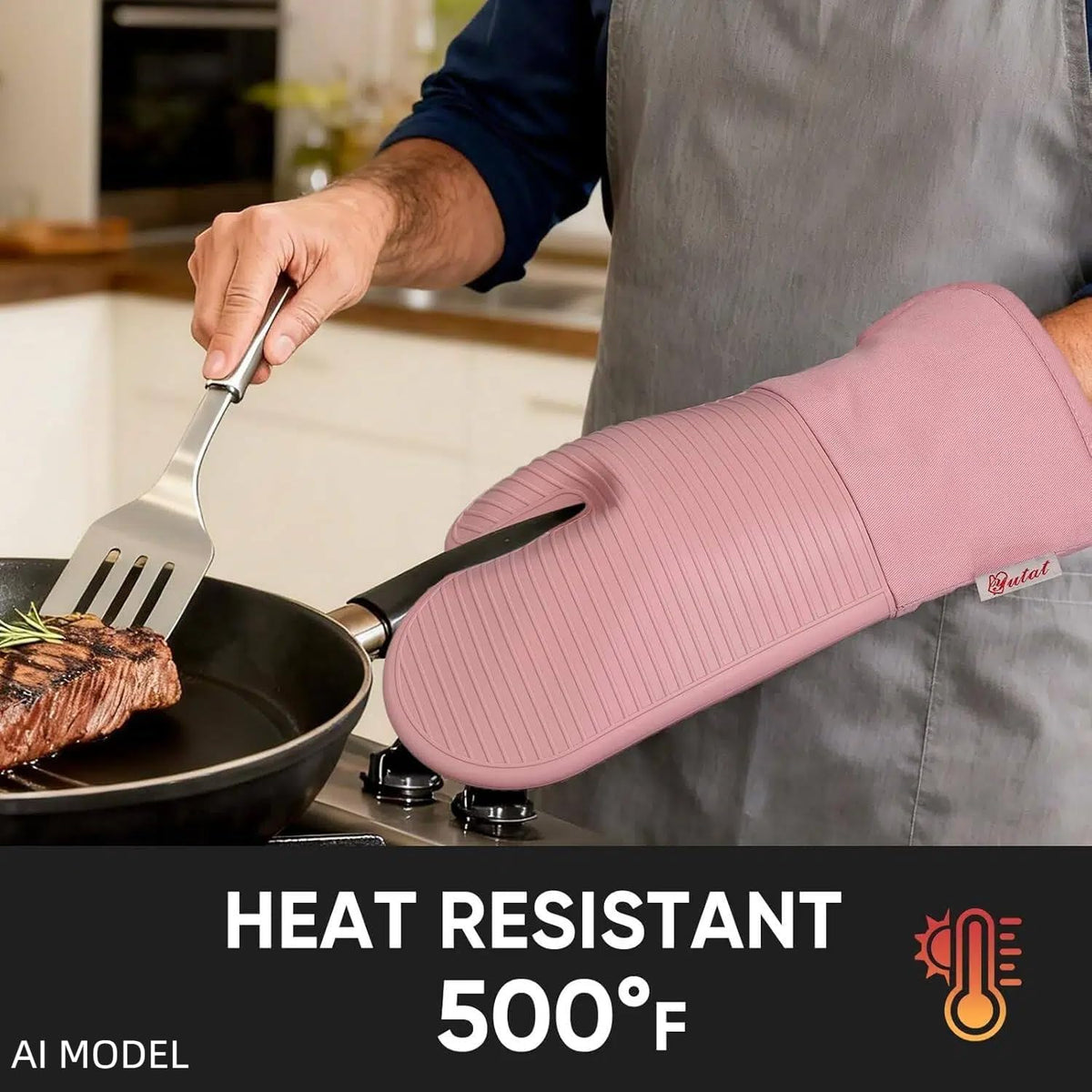 Yutat Silicone Oven Mitts - Oven Mitts and Pot Holders Sets Made of Non-Slip & BPA-Free Silicone, High Heat Resistant 500 Degrees, Perfect for Kitchen Cooking Baking BBQ, Peak Green