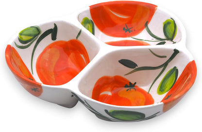 Ceramic Chip & Dip Bowl 7.5”, 3-Compartment Divided Serving Dish & Condiment Tray for Appetizers – Handmade in Spain, Lead-Free Glaze, Microwave, Oven & Dishwasher Safe
