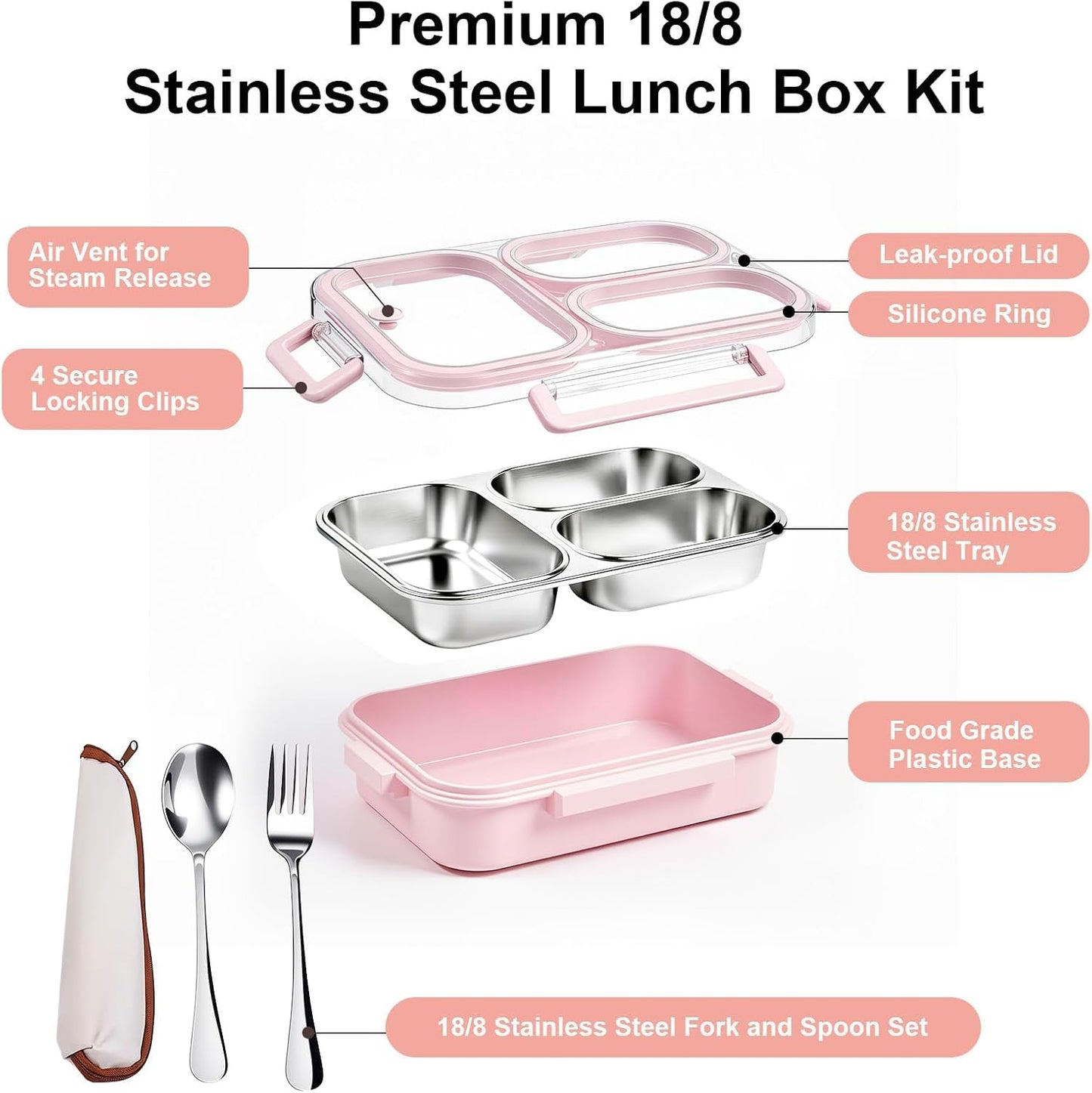 25oz 18/8 Stainless Steel Lunch Box Kit (Bento Box + Fork/Spoon) - 3 Leakproof Compartments - Metal Snack Box for Kids & Adults - School/Office/Travel - Dishwasher Safe (Beige)