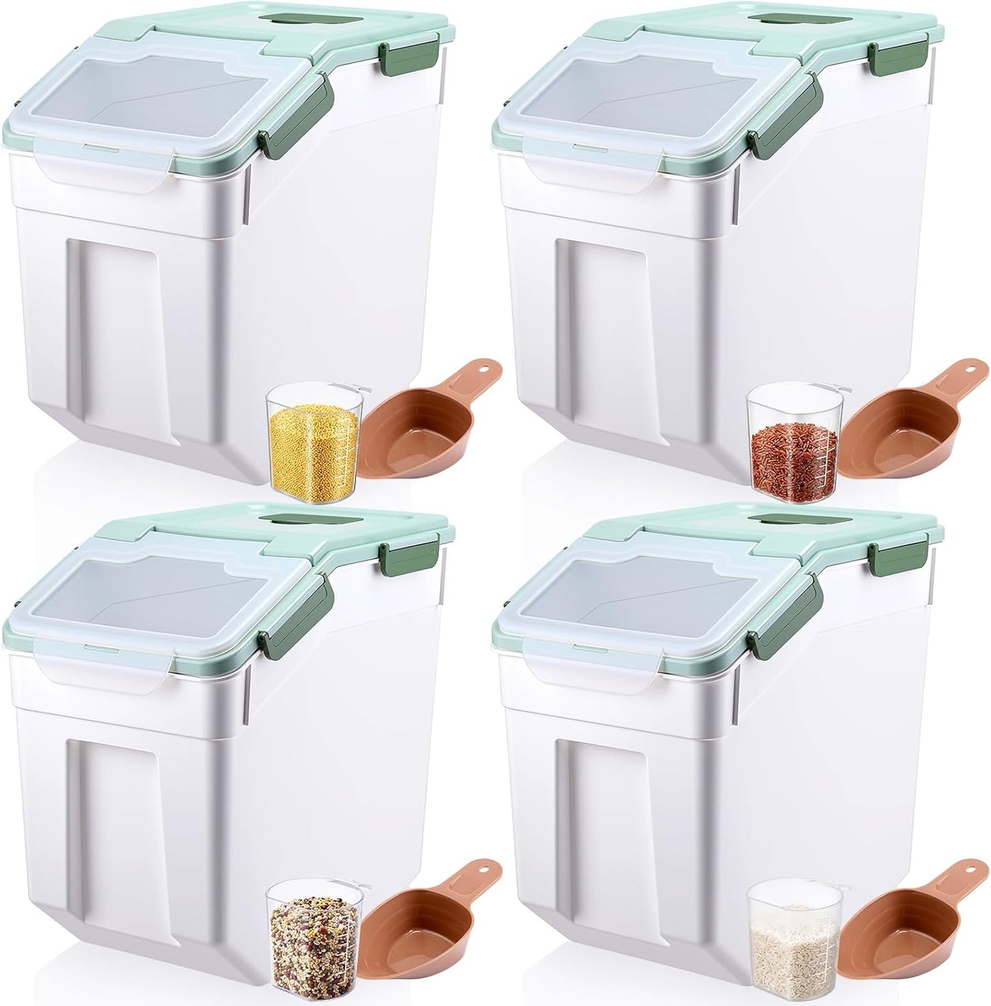 Umigy 4 Pcs 55lbs Large Dog Food Storage Container Rice Flour Bin Plastic Boxes with Measuring Cup Airtight Flour Grain Cereal Sugar Storage Container with Locking Lid and Wheels