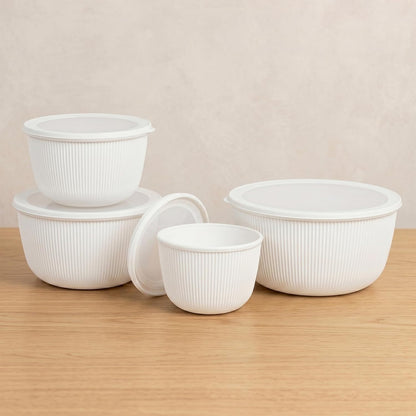 BoxedHome Plastic Mixing Bowls with Lids Set,4.97QT Large Capacity Deep Nesting Bowl,8 Pieces Set BPA-Free Prep Bowls,Dishwasher & Microwave Safe,Beige