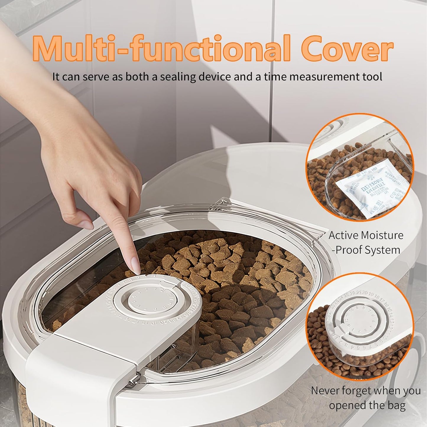 Airtight Dog Food Storage Container with Desiccant Chamber,Cat Food Storage with Timer,Wheels & Scoop,7 Liter,10-12 lbs/7 kg,for Small Dog,Cat & Bird Feed,Clear BPA-Free Slim Rolling Bin with Lid