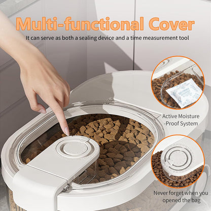 Airtight Dog Food Storage Container with Desiccant Chamber,Cat Food Storage with Timer,Wheels & Scoop,7 Liter,10-12 lbs/7 kg,for Small Dog,Cat & Bird Feed,Clear BPA-Free Slim Rolling Bin with Lid