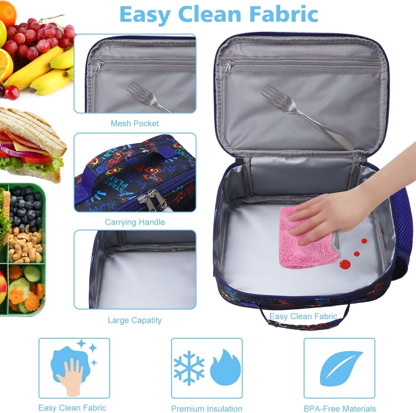 RHCPFOVR Kids Lunch Bag - Insulated Lunch Box for Boys Girls,Washable Lunch Bag and Reusable Toddler Leak-proof Lunchbox for School and Daycare - Colors A