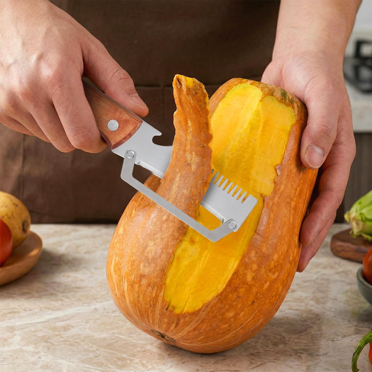 2pcs Multifunctional Vegetable Peeler Shredder, 3-in-1 Stainless Steel Julienne Peeler Tool with Bottle Opener and Non-slip Wooden Handle, Fruit Peeling Knife for Kitchen