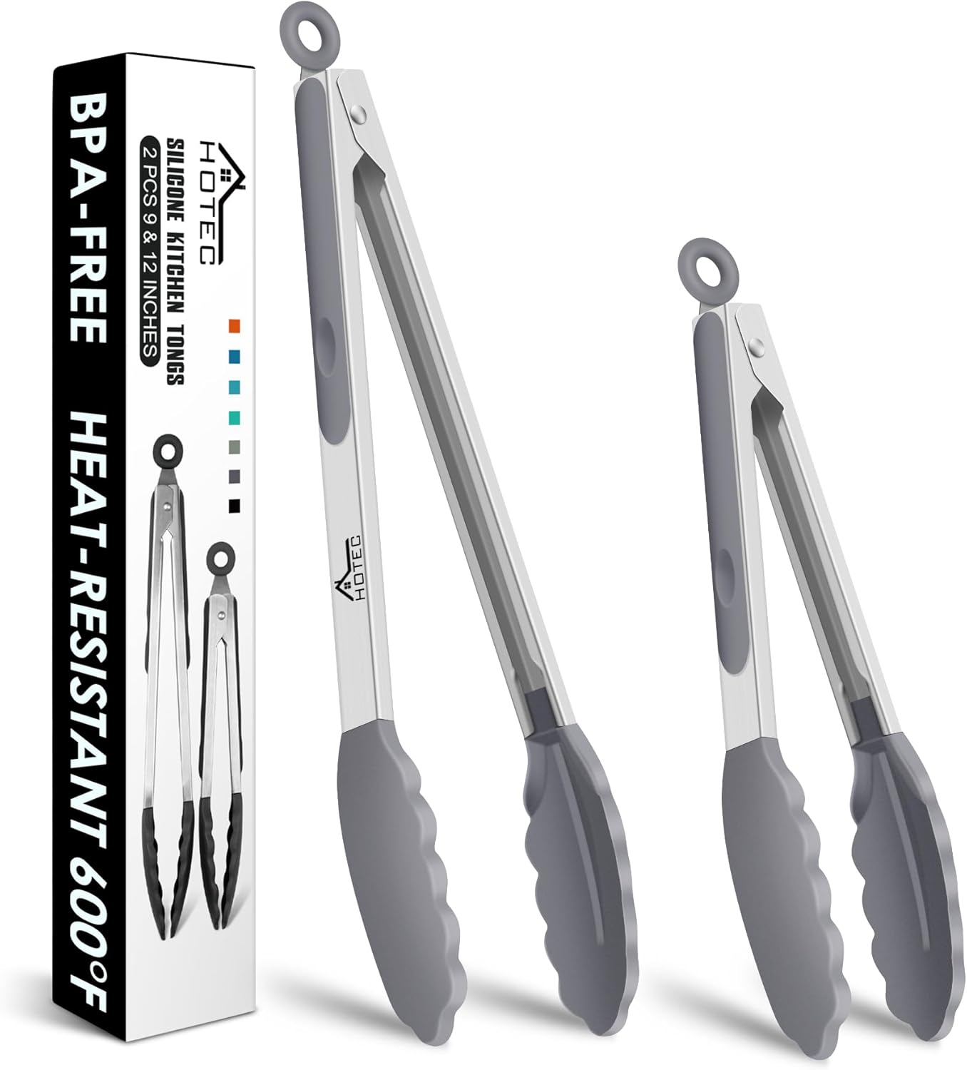 HOTEC Premium Stainless Steel Locking Kitchen Tongs with Silicon Tips, Set of 2-9" and 12"