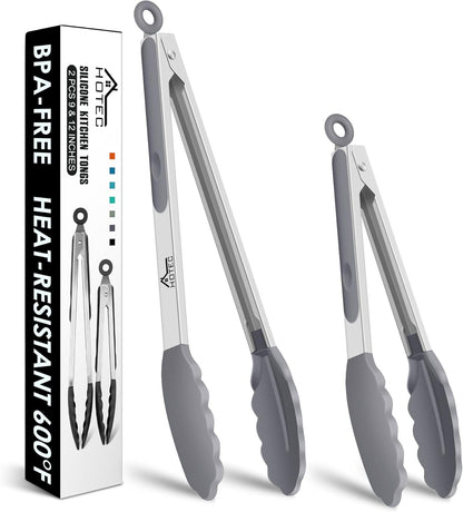 HOTEC Premium Stainless Steel Locking Kitchen Tongs with Silicon Tips, Set of 2-9" and 12"
