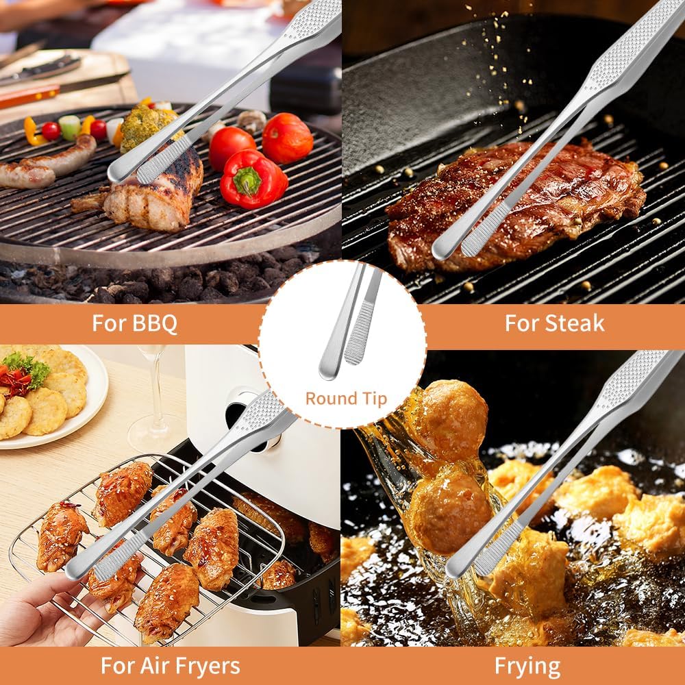 Stainless Steel Cooking Tweezers Set, 10 & 12 Inch Precision Kitchen Tweezers with Star Dot Texture & Elevated Tips | Galaxy Grip Series, 4-Piece (Silver)