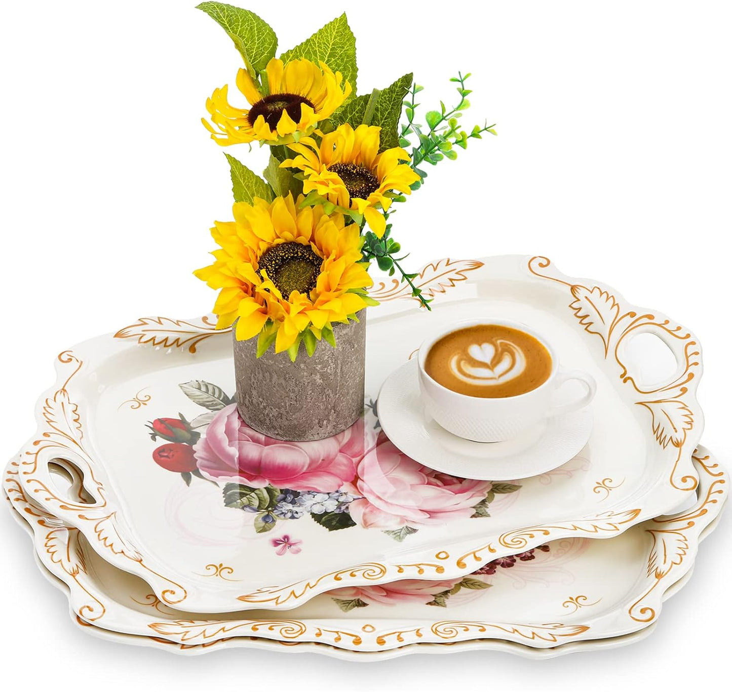 DEAYOU 3-Pack Melamine Serving Tray, Stackable Food Tray with Handles for Eating, Unbreakable Large Serving Platter with Floral Print for Gift, Party, Decor, Home, Restaurant, 16"L x 11"W, Rectangle