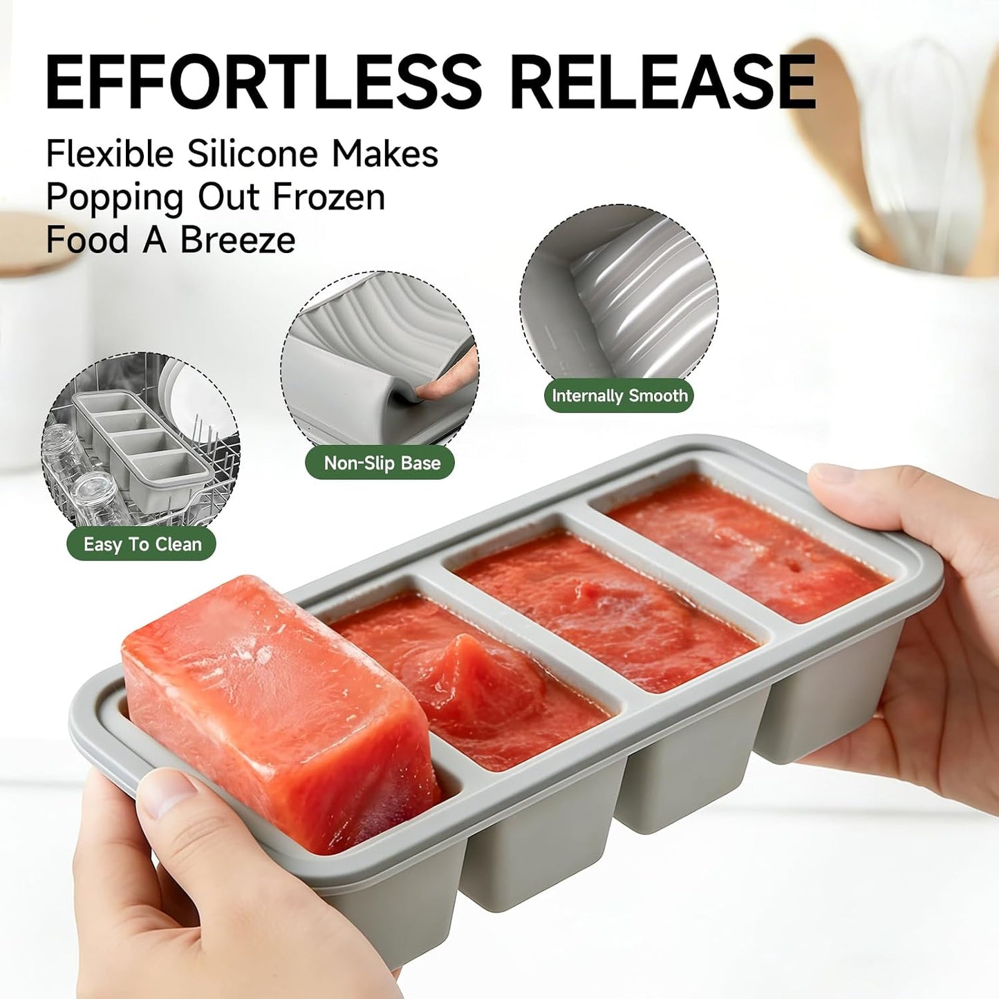 Tvmania 2-Pack Silicone Freezer Tray with Lid - 1 Cup / 4 Compartment Soup Freezer Container for Broth, Sauce & Meal Prep - Large Ice Cube Tray for Whiskey - Stackable, Easy Release, Oven Safe