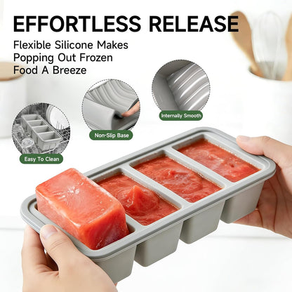 Tvmania 2-Pack Silicone Freezer Tray with Lid - 1 Cup / 4 Compartment Soup Freezer Container for Broth, Sauce & Meal Prep - Large Ice Cube Tray for Whiskey - Stackable, Easy Release, Oven Safe