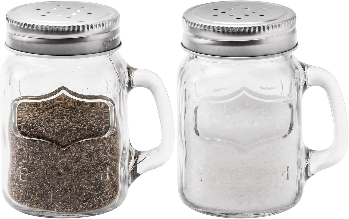 Circleware Mason Yorkshire Jar Mug Salt and Pepper Shakers with Glass Handles and Metal Lids, 5 Ounce, Set of 2 in Gift Box, Limited Edition Glassware Serveware