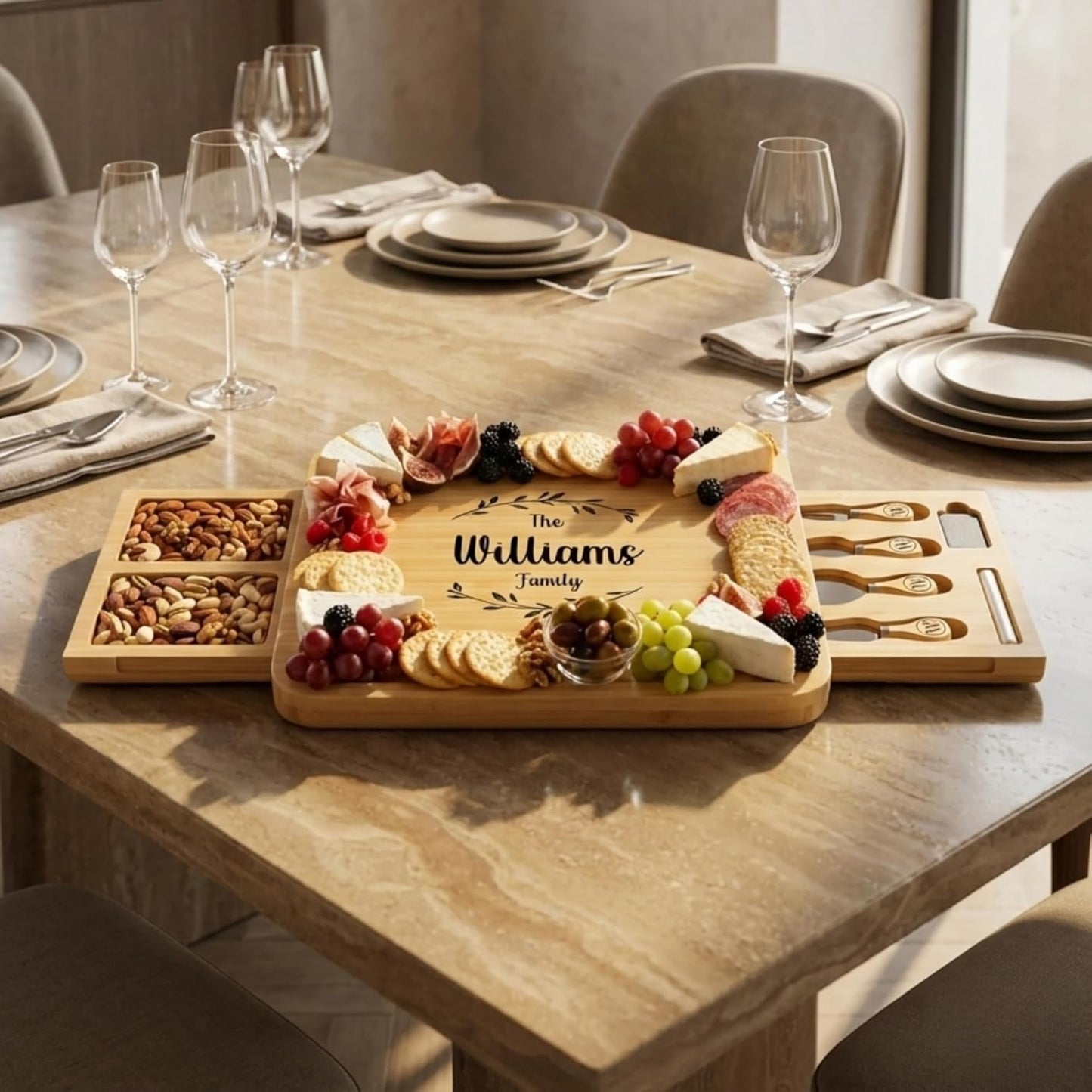 Personalized Charcuterie Board Set with Two Drawers, Custom Engraved Bamboo Cheese Board, Christmas, Wedding and Housewarming Gift for Couples, Anniversary and Bridal Shower