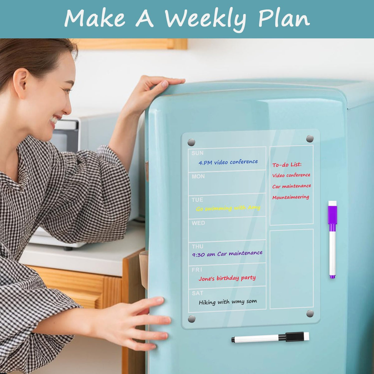 SULOLI Acrylic Magnetic Weekly Planner for Fridge, Clear Weekly Meal Planner for Refrigerator with 6 Magnetic Erasable Markers 8"x12"