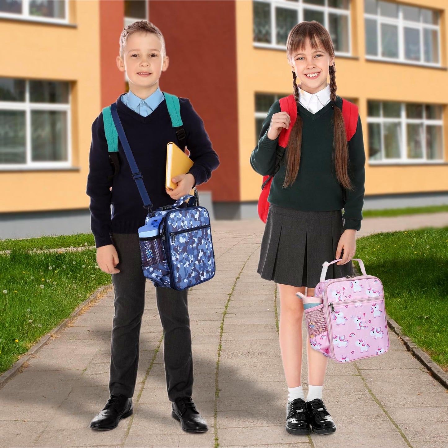 Kids Insulated Lunch Box Bag, Thermal Picnic Cool Bags with Adjustable Strap for Adults Children Women Men Boys Girls School Work (CAM-Blue)