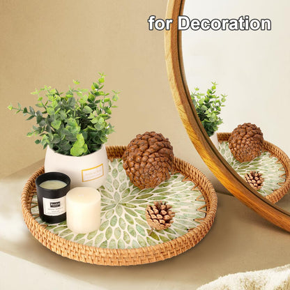 Round Rattan Tray with Mother of Pearl Inlay, Rattan Serving Tray for Coffee, Bread, Fruits, Decorative Wicker Tray for Table Decor, Home Decor, Kitchen Island Decor(Black Checkerboard, 11.8")