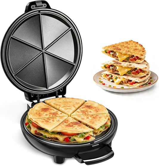 Quesadilla Maker 10 Inch, 900W Dual Heating, 6 Wedges in 3 Mins, Nonstick Plates Easy to Clean, Locking Latch, Safe & Steady, Black