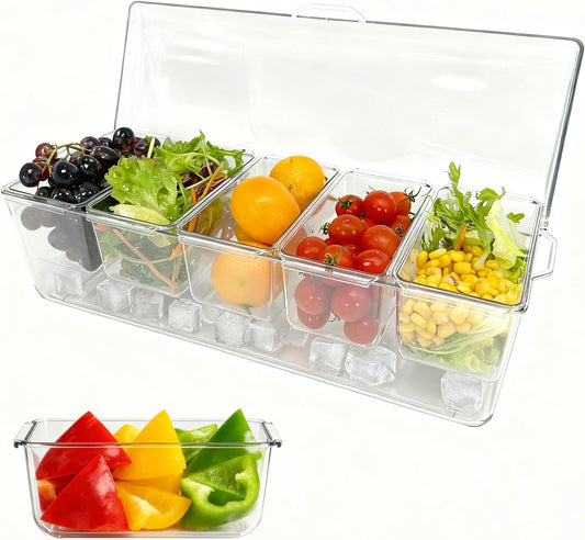 Ice Chilled Condiment Server, 5 Removable Compartments Condiment Containers with Lids Drain Plug, Clear Garnish Tray Serving Platter Holder for Caddy Fruit Snack Sauce Taco Salad Bar Supplies