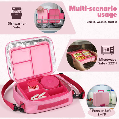 Bento Box Set with 9.5oz Soup Thermo Kids Leak-proof Lunch Box Container with 4 Compartment Stainless Steel Insulated Hot Food Jar with Bag for School Travel - Pink