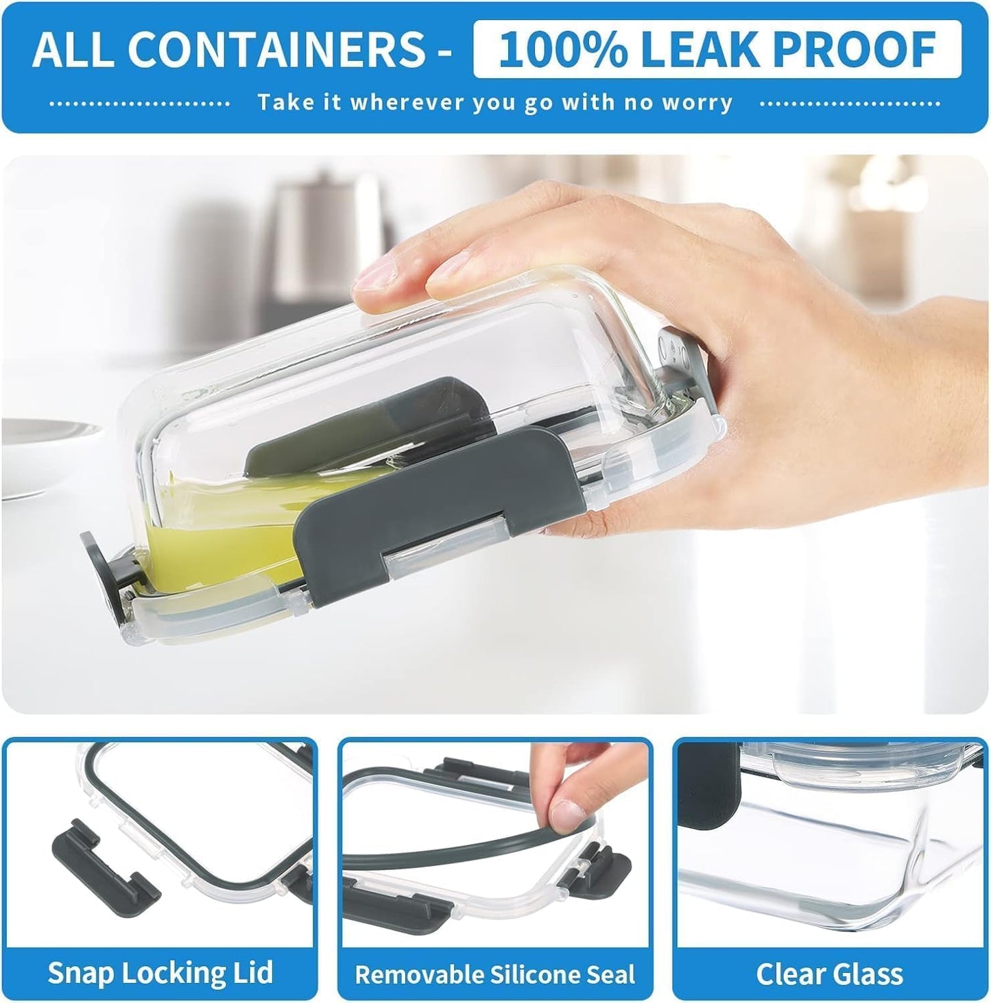 5-Pack 36 oz Glass Meal Prep Containers with Leak Proof Locking Lids, Glass Lunch Containers, Food Prep Lunch Box, Bento Box for Microwave, Oven, Freezer, Dishwasher Safe(2 Compartments)