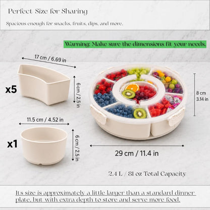 Divided Serving Tray with Lid - Snack Tray - Snack Box - Portable Snackle Box Organizer for Fruit, Salad, Chips & Dip - Lazy Susan Platter with Handle for Parties, Road Trips, Kids & Charcuterie