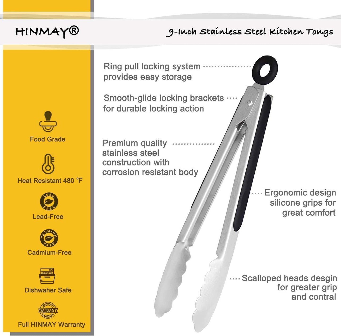 HINMAY Stainless Steel Kitchen Tongs 9-Inch Cooking Tongs, Set of 3