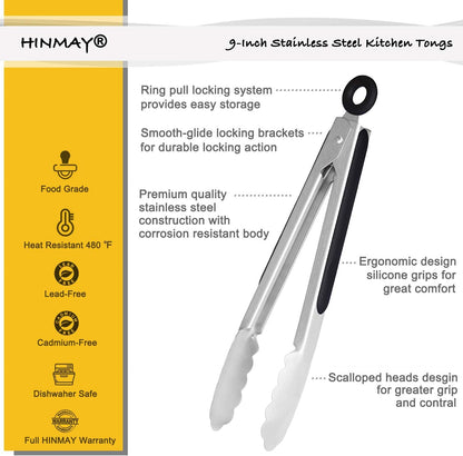 HINMAY Stainless Steel Kitchen Tongs 9-Inch Cooking Tongs, Set of 3