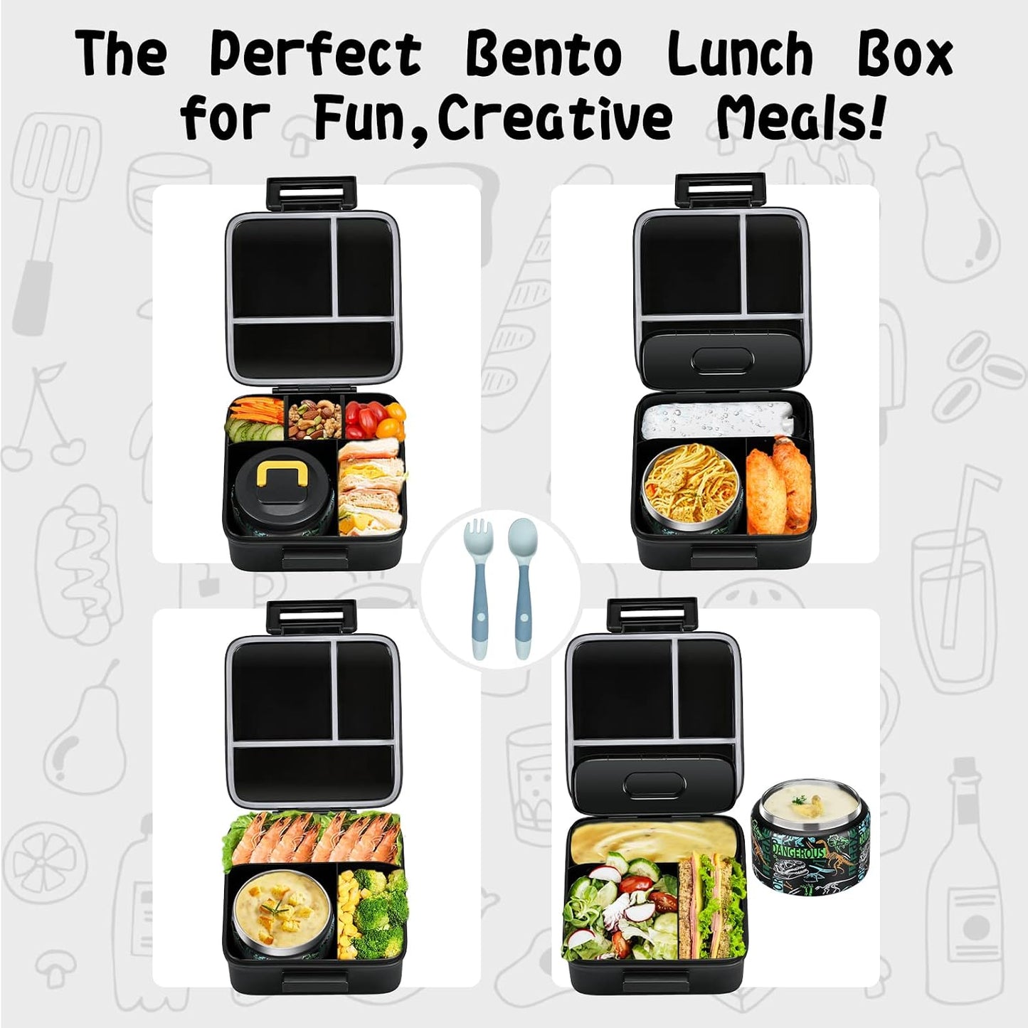 JXXM Bento Lunch Box for Kids With 8oz Soup thermo,Leak-proof Lunch Containers with 5 Compartment,thermo Food Jar and Lunch Bag, Food Containers for School (A-Blue(Extreme Locomotive))