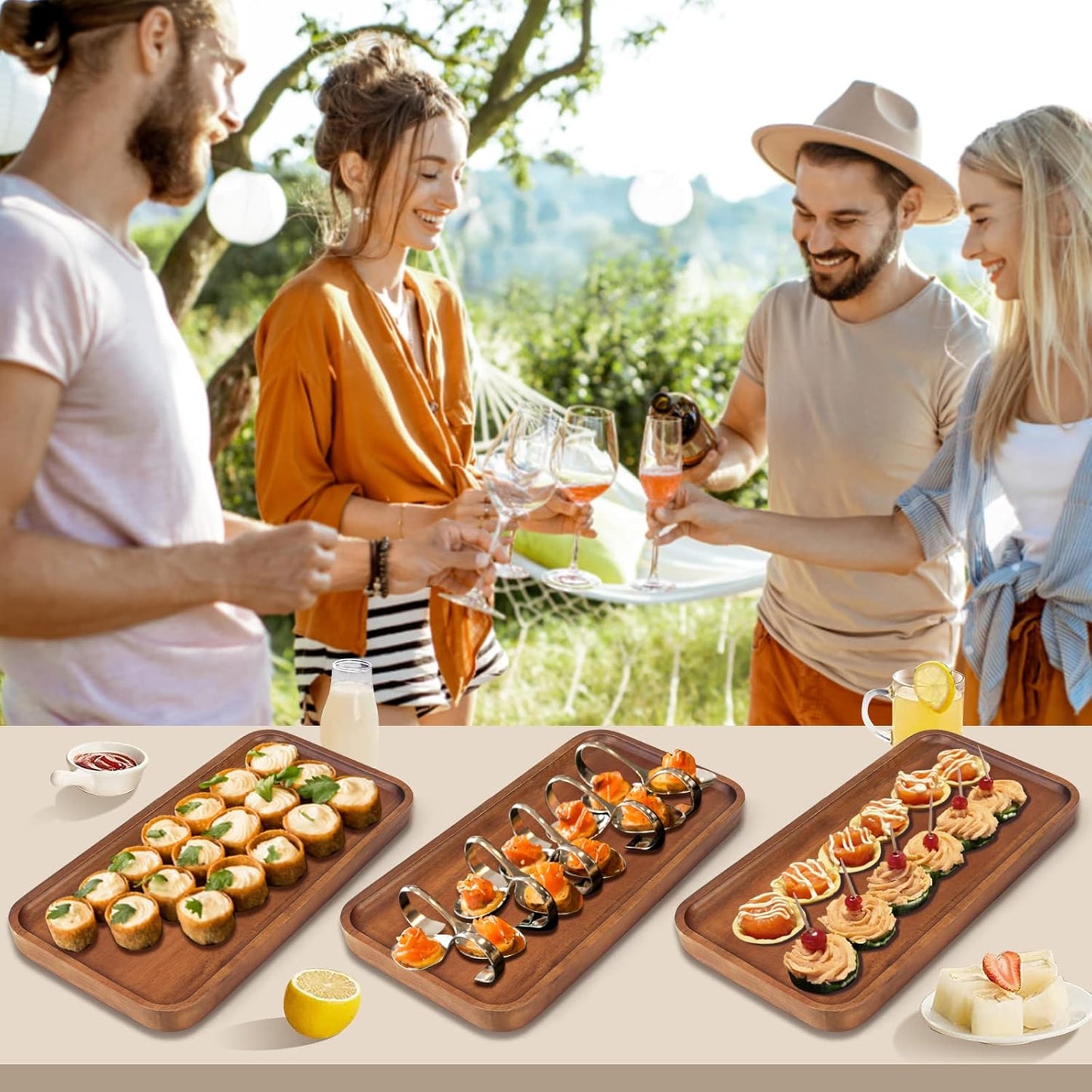 Large Wooden Serving Trays Long Party Charcuterie Boards Acacia Wood Platters Serving Cheese Board Rectangular Appetizer Snack Plates Rectangle Kitchen Dinner Platter for Food Dish Cake Dessert Tray
