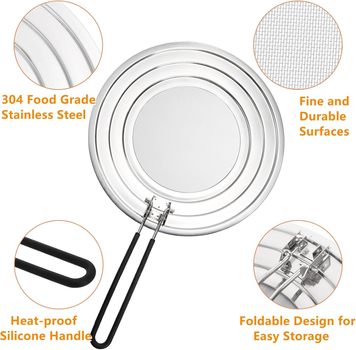 Frcctre 2 Pack Stainless Steel Splatter Screen for Frying Pan, 12 Inch Grease Splatter Guard with Foldable Silicone Handle, Food Strainer Cooling Mat Cover Oil Splash from Bacon, Oil, or Deep Fryer