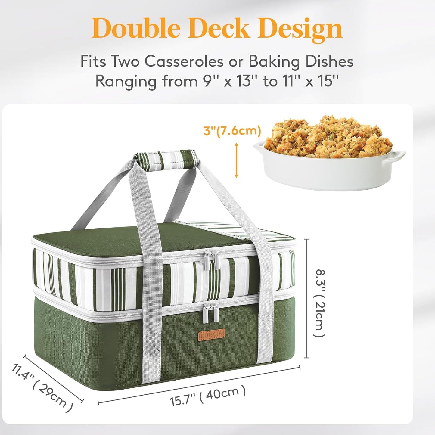 LUNCIA Insulated Single Decker Casserole Carrier, Lasagna Lugger Tote Keeps Food Hot or Cold, Thermal Lunch Bag for Potluck Parties, Picnic and Cookouts, Fits 9" x 13" Baking Dish, Black