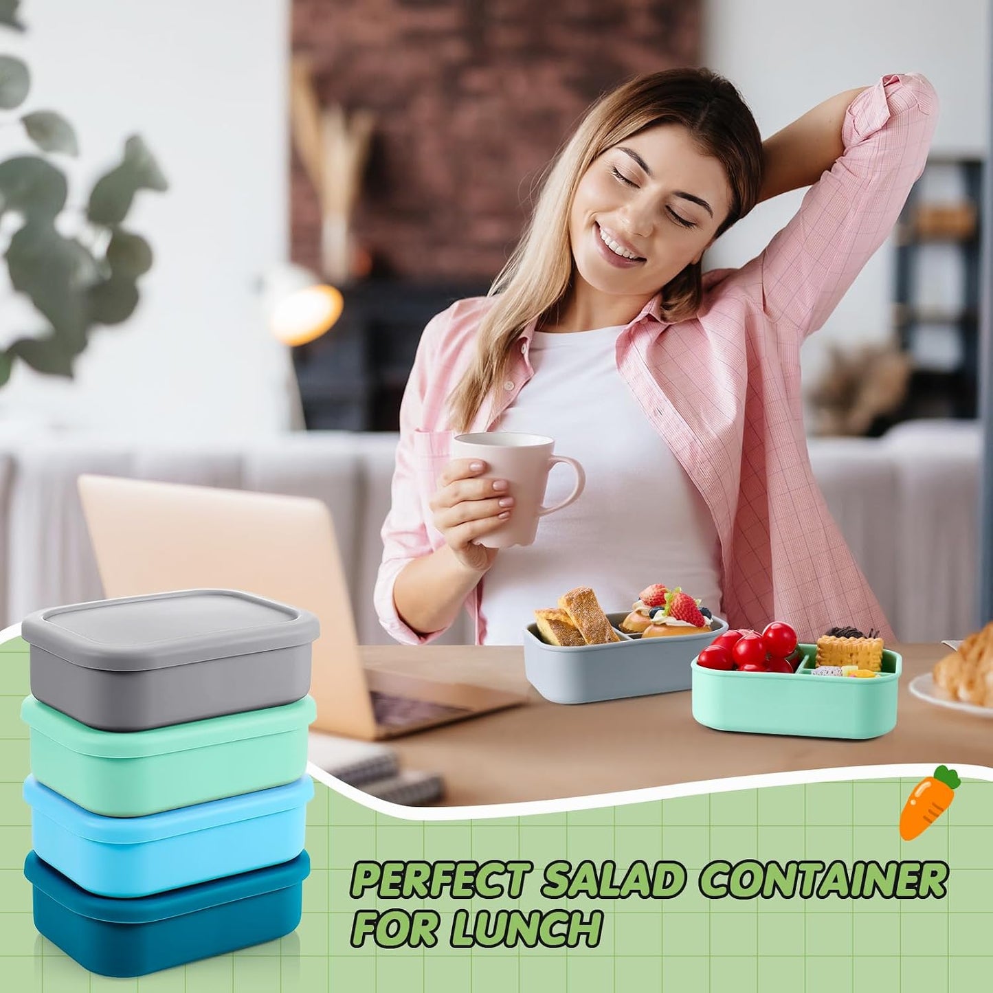 Layhit 4 Pcs Silicone Bento Box for Adults, 27 oz Bento Lunch Container Reusable 3 Compartment Lunchable Food Container for Women Men, Leak Proof Microwave Dishwasher Freezer Safe (Cool Colors)