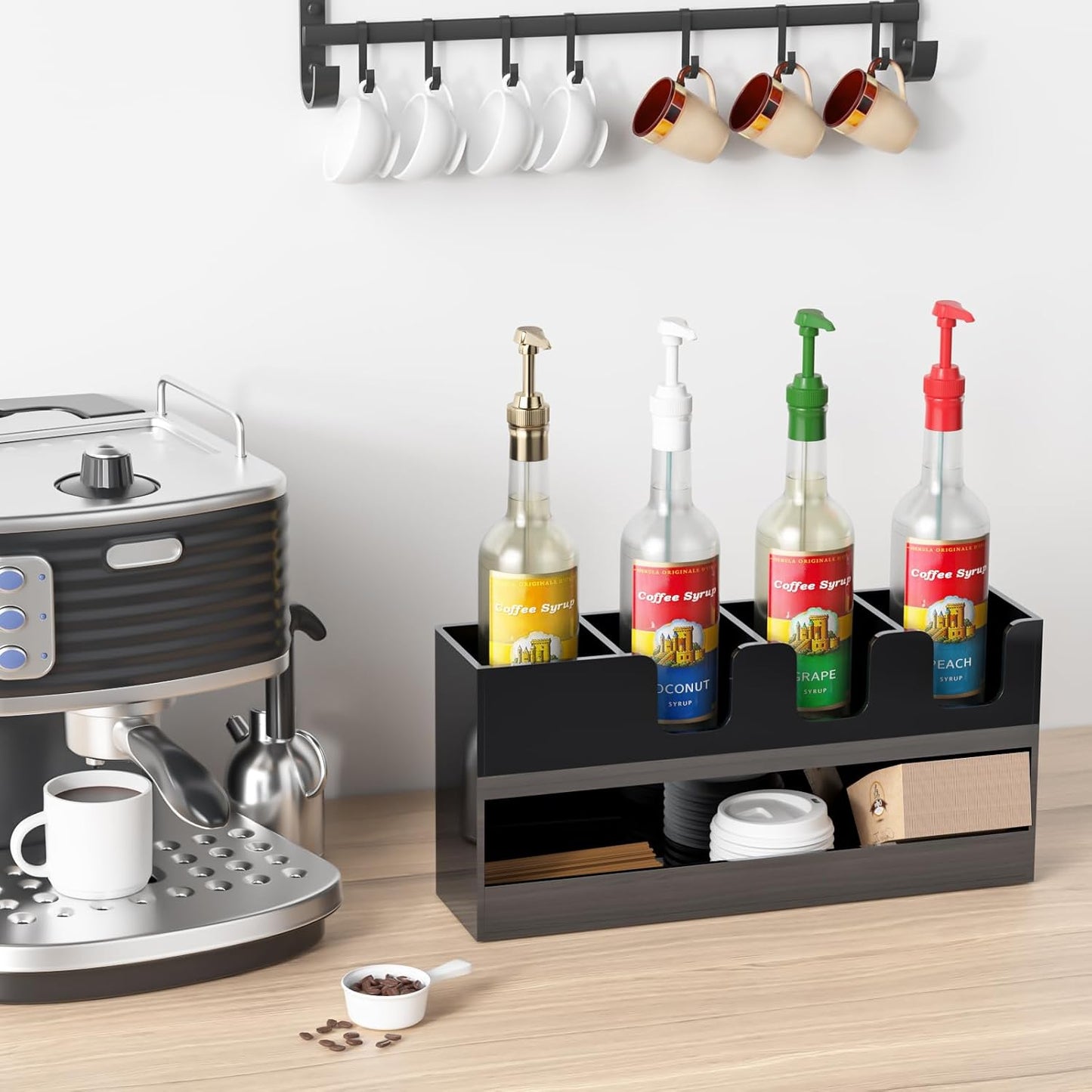 Coffee Condiment and Cup Organizer - 2-Tier Upright Cup and Lid Holder with Straw Organizer 2 Compartments Clear Acrylic Cup Dispenser for Restaurant Breakroom Coffee Station Countertop