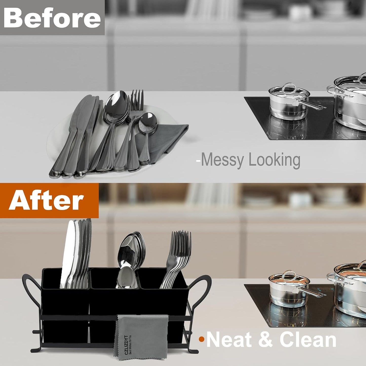 Czlizdyt Cutlery Holder with Drain Holes, Silverware Caddy for Party Countertop, 3pcs Bins Set Utensil Holders for Spoon and Fork, White