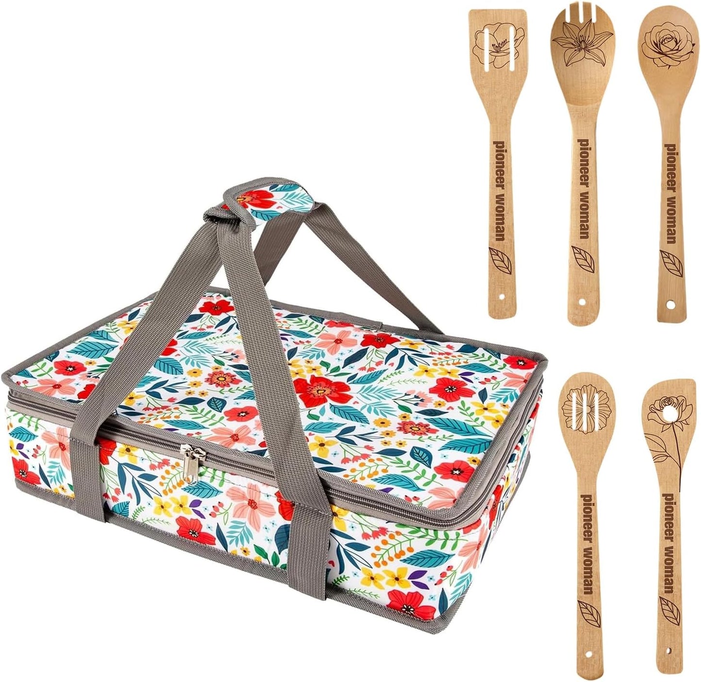 Pioneer Woman Style Insulated Casserole Carrier for Hot or Cold Food, Fits 9x13 Baking Dish,Floral Thermal Lasagna Lugger Tote with Oven Mitts and Pot Holders Set,Gift for Women, Mother's Day.3 PCS