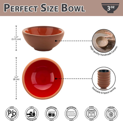 Small Ceramic Bowls Set of 6 | 3 oz Pinch Bowls for Dipping, Cooking Prep, and Charcuterie | Ideal for Snacks, Desserts, Side Dishes, Tapas, Nuts, and Ice Cream | Handmade Serving Dishes (Terracotta)