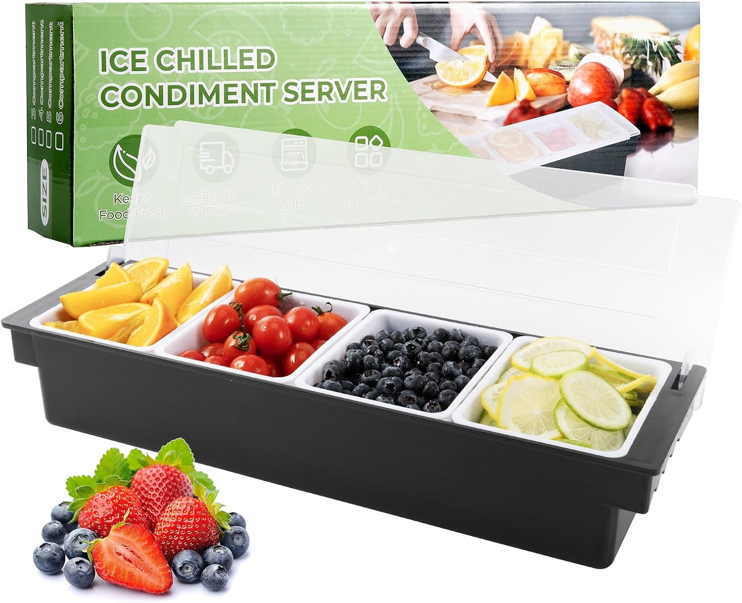 WICHEMI Fruit, Veggie & Condiment Caddy with Lid Dispenser Tray Plastic Garnish Station for Bartending & Serving Taco, Ice Cream, Salad Bar - Topping Organizer for Restaurant Supplies (3 Compartment)