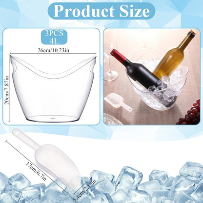 3 Pcs Ice Bucket, 4 Liter Champagne Wine Bucket with Scoops, Beer Buckets Beverage Bin Clear Acrylic Storage Tub for Wine Champagne or Beer Bottles Bar Supplies