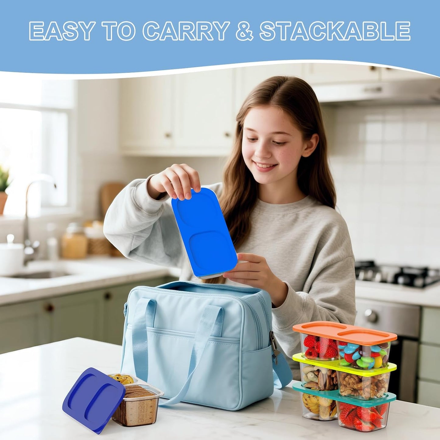 Snack Pack Containers for Kids, 5 Pack Reusable Snack Containers with Lids, 2 Compartment Small Bento Snack Box, BPA-Free, Lunchbox Accessories for Travel