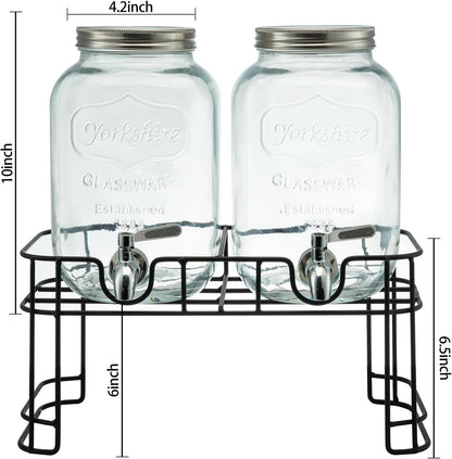 1 Gallon Glass Drink Dispensers for Parties, 2PACK Beverage Dispenser with Stand, Ice Cylinder and Stainless Steel Spigot 100% Leakproof, Beverage Dispenser for Lemonade Sun Tea