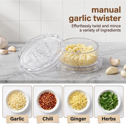 2 Pack Transparent Garlic Press, Manual Garlic Crusher and Mincer—Plastic Garlic Grinder and Chopper, rotary chopper suitable for garlic, chili peppers, compact and space-saving