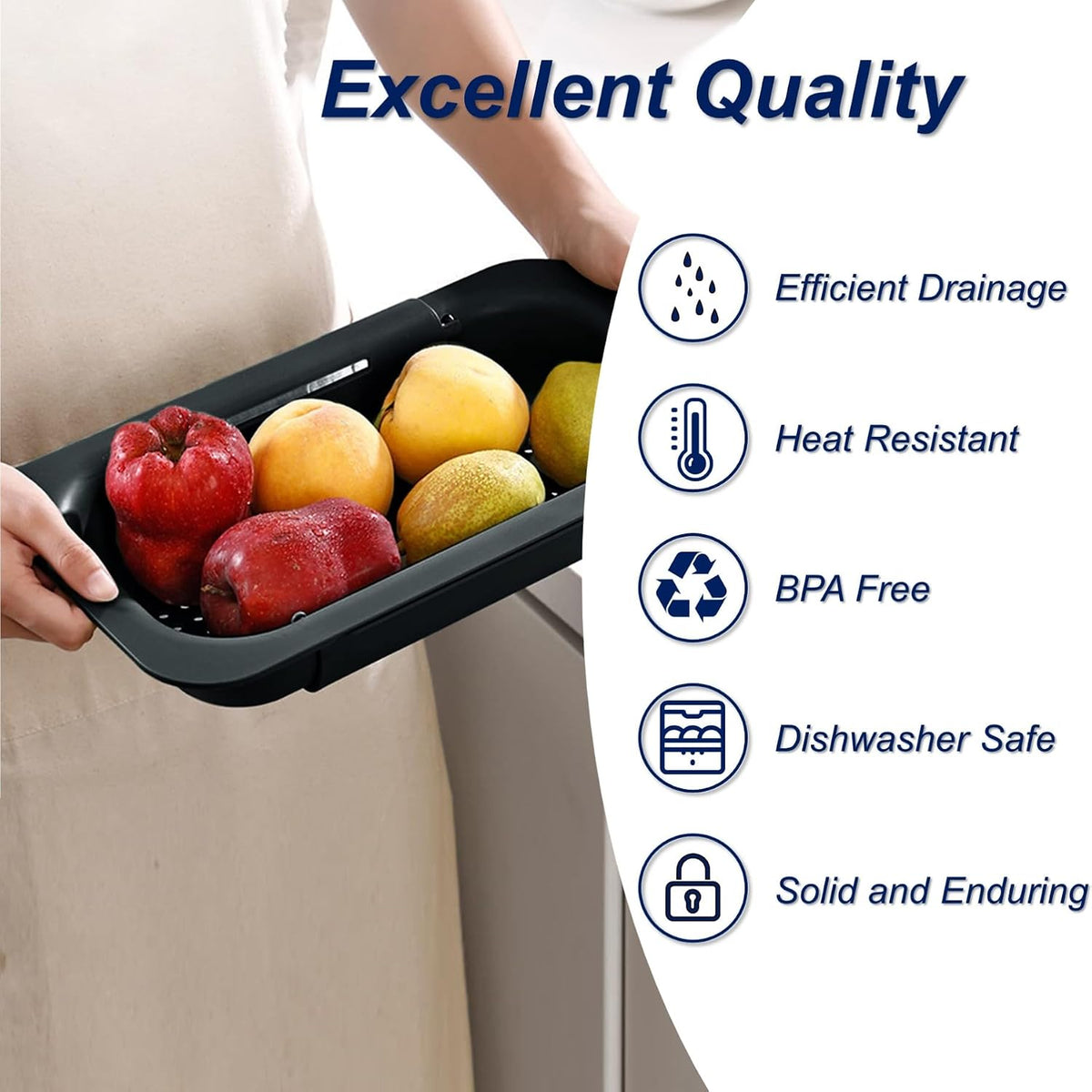 Extendable Sink Colander Strainer Basket - Wash Vegetables and Fruits, Drain Cooked Pasta and Dry Dishes - Adjustable Over the Sink Colander Collapsible Drainer Basket - White