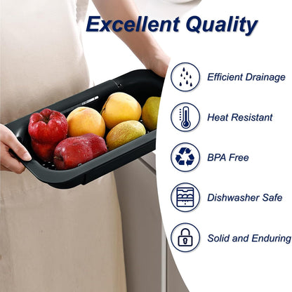Extendable Sink Colander Strainer Basket - Wash Vegetables and Fruits, Drain Cooked Pasta and Dry Dishes - Adjustable Over the Sink Colander Collapsible Drainer Basket - White