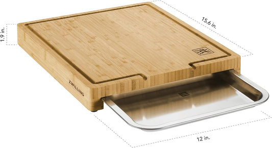 ZWILLING BBQ+ Bamboo Cutting Board with Juice Groove and Sliding Stainless Steel Tray Drawer, FSC-Certified, Large Carving Board for Meat, BBQ Prep and Ingredient Organization