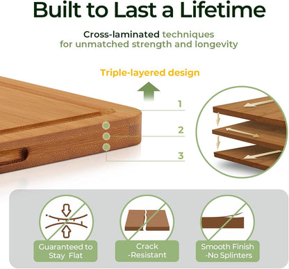 Keechee Wood Cutting Board for Kitchen - Reversible Bamboo Cutting Boards Gift Set of 3 with Juice Groove, Wooden Chopping Board for Meat, Fruit, Vegetables & Cheese (Pre Oiled, Natural)